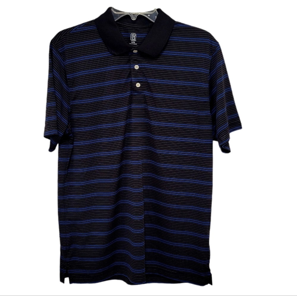 PGA Tour men's polo shirt striped Collared size medium blue & black short sleeve